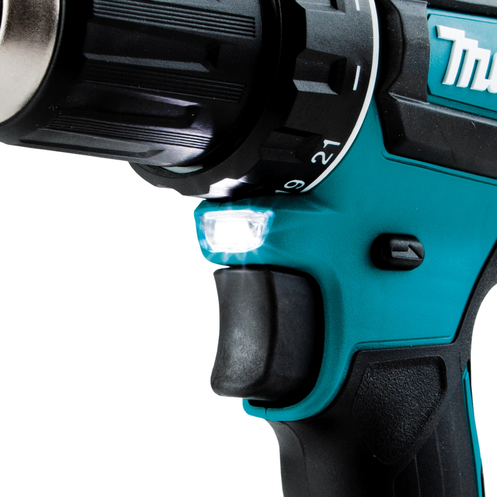 Close-up of Makita drill trigger and built-in LED light
