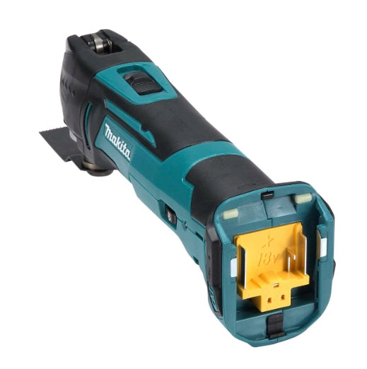 Back view of Makita multi-tool showing battery interface and rear grip
