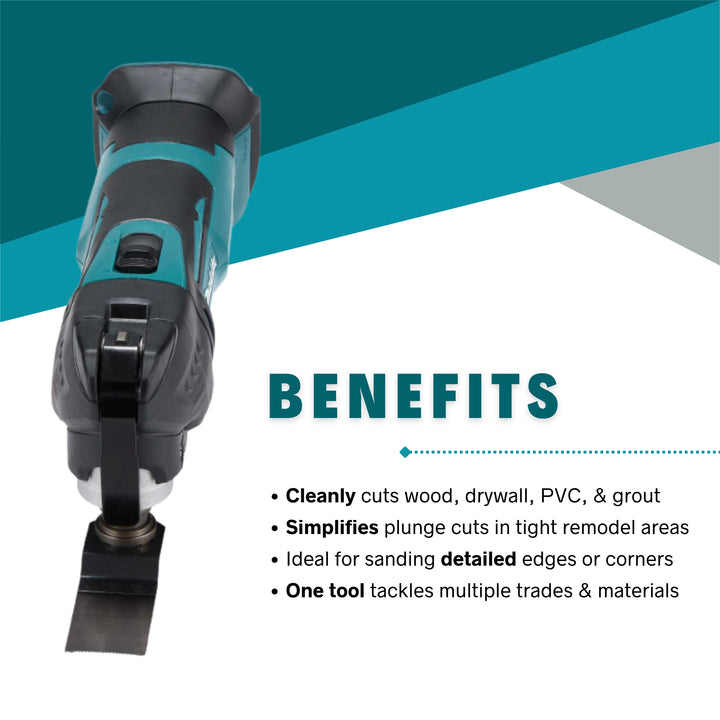 Makita multi-tool shown with benefits including versatility, compact design, and cordless convenience
