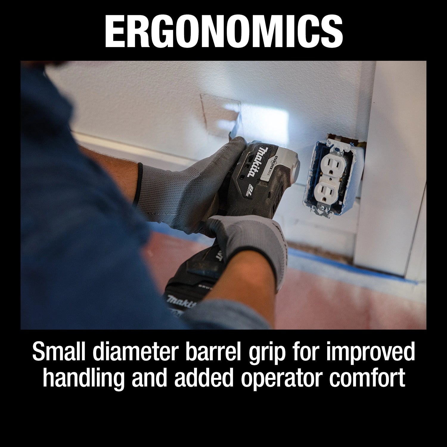 Contractor gripping Makita multi-tool with ergonomic comfort grip in focus
