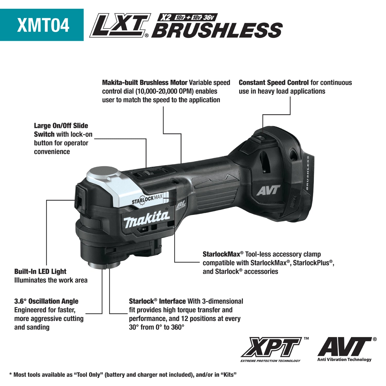 Makita XMT04ZB multi-tool highlighting brushless motor, LED light, and Starlock interface
