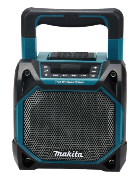 Front view of Makita XRM11 with carry handle raised

