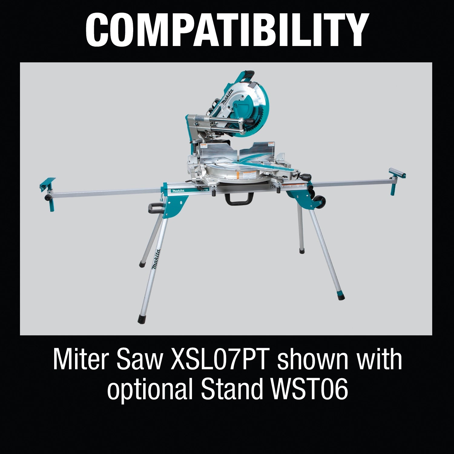 Makita XSL07PT saw shown mounted on WST06 miter saw stand
