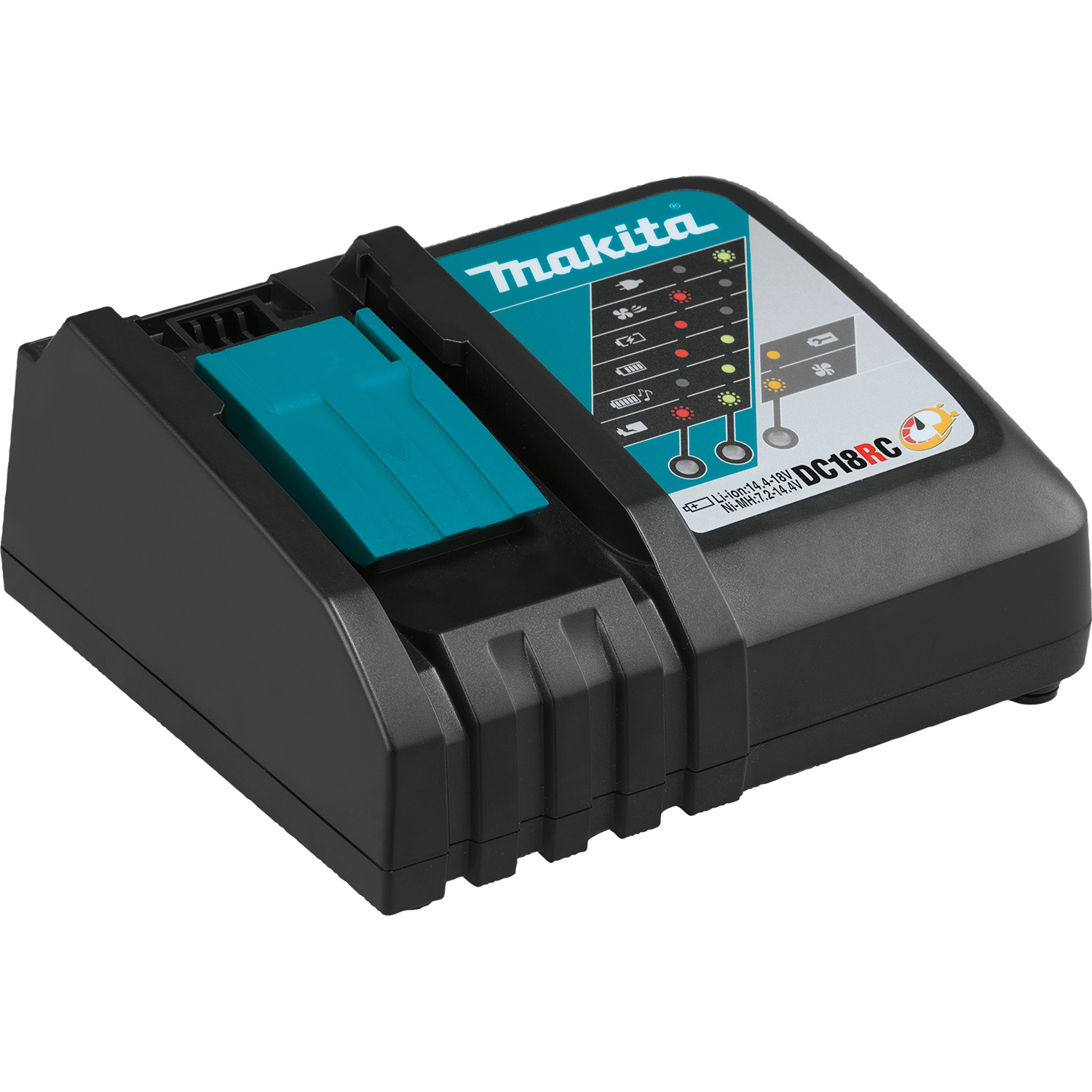 Makita dual-port rapid charger shown with LED indicator panel
