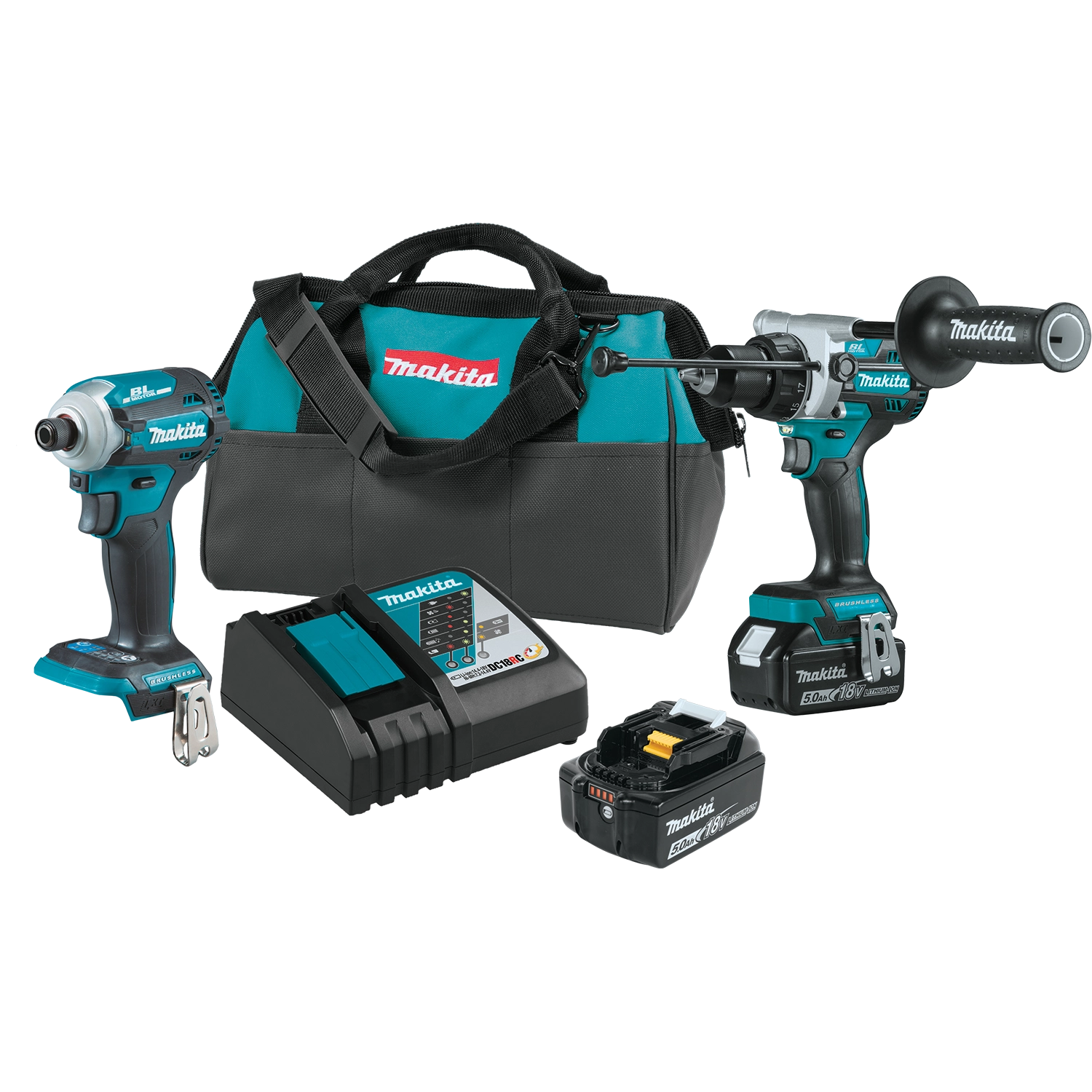 Complete Makita XT288T kit with tools, batteries, charger, and tool bag
