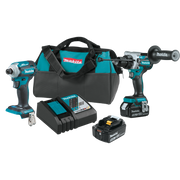 Complete Makita XT288T kit with tools, batteries, charger, and tool bag
