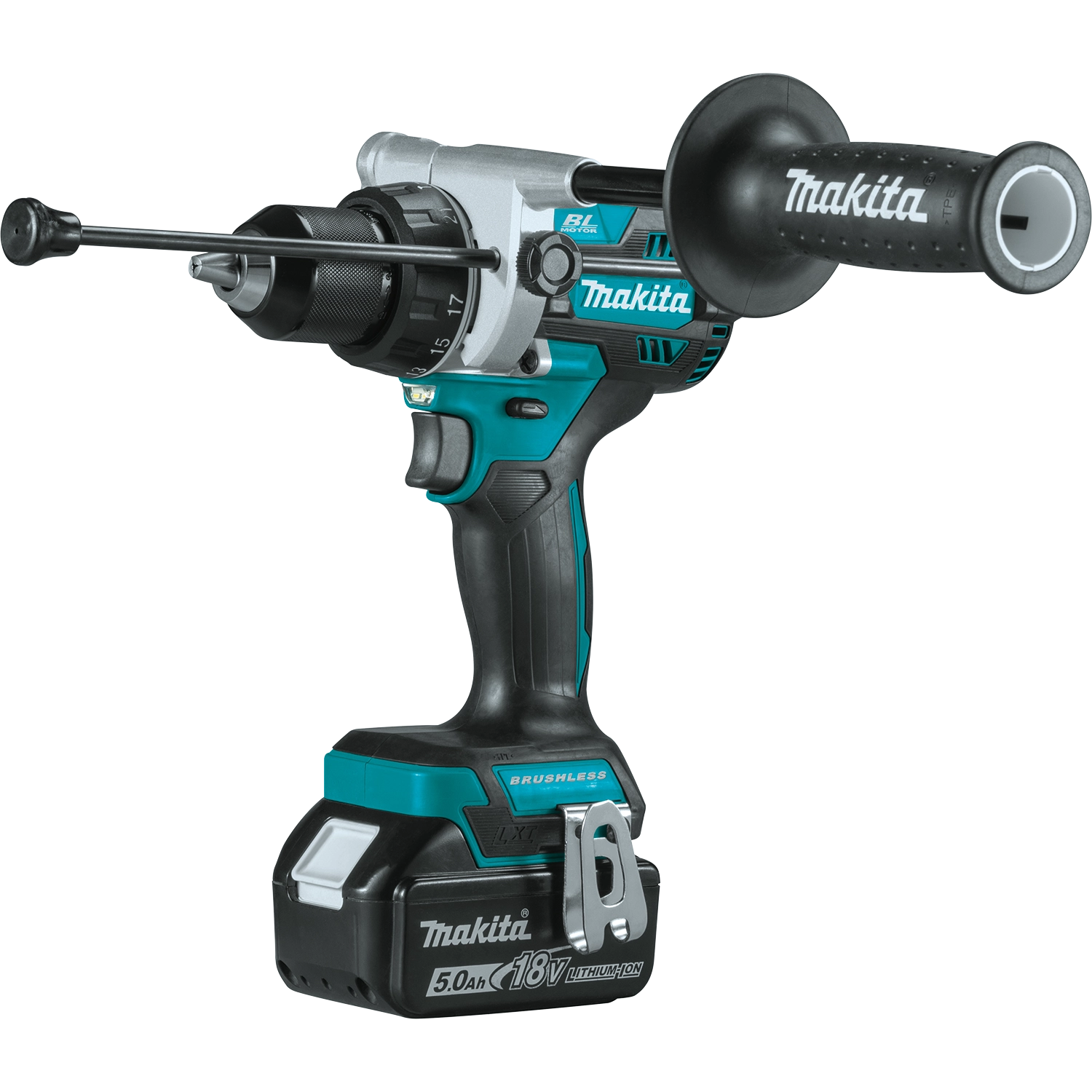 Makita drill push bar shown for ergonomic operation and grip
