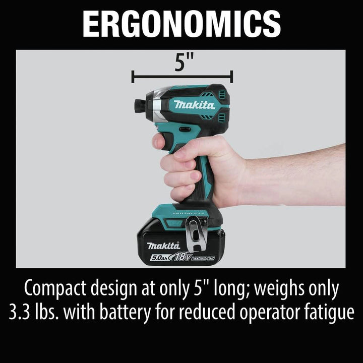 Worker holding Makita XT291T impact driver with ergonomic grip and balanced stance
