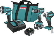 Makita 3-piece combo kit featuring hammer driver-drill, impact driver, and reciprocating saw with 18V 4.0Ah batteries
