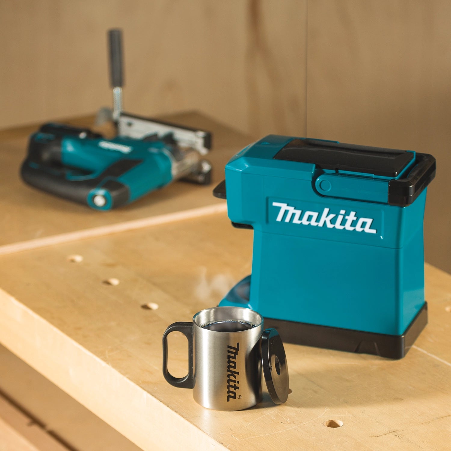 Makita 18V LXT Cordless Coffee Maker brewing on job site
