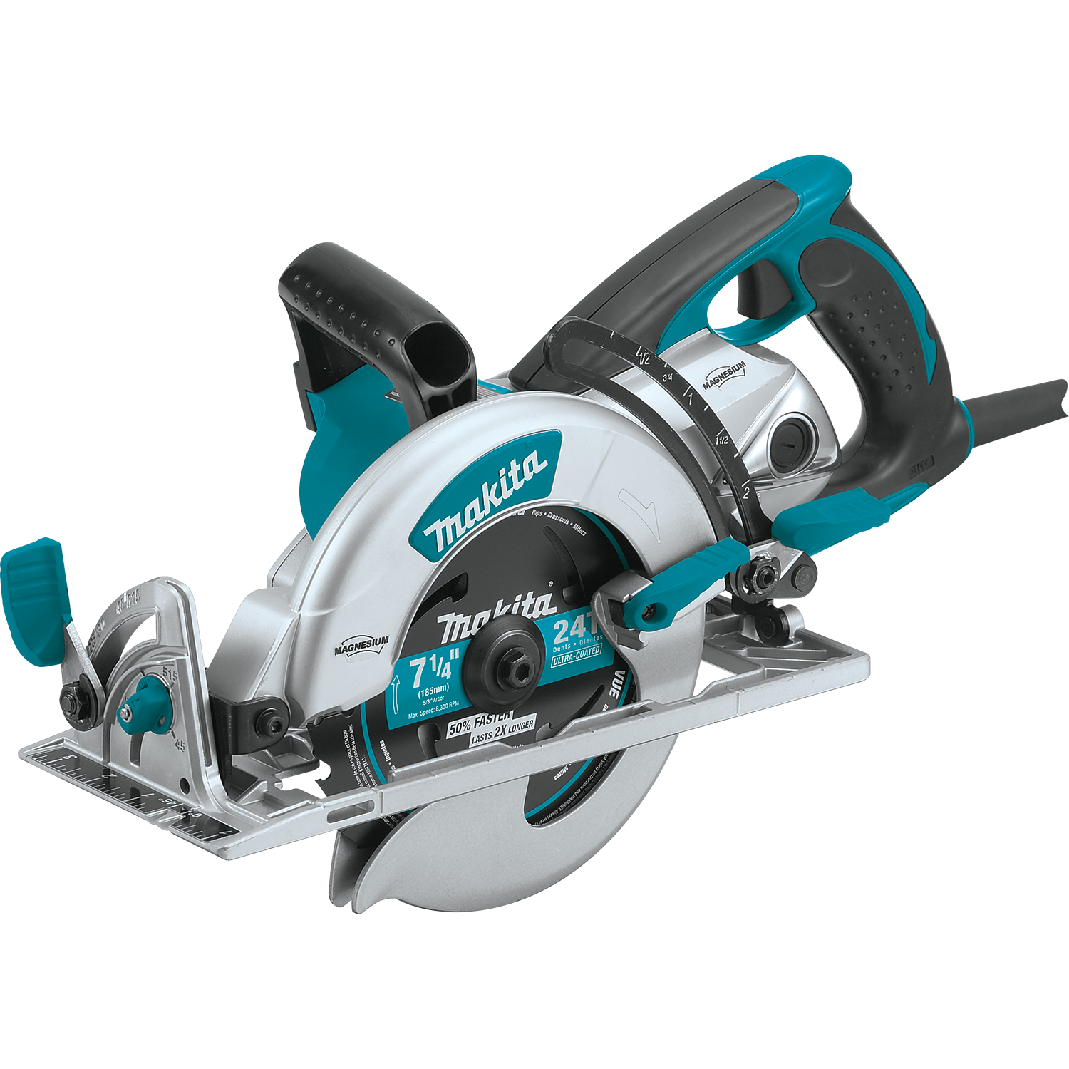 Front view of Makita 7.25in Magnesium Hypoid Saw showing key features
