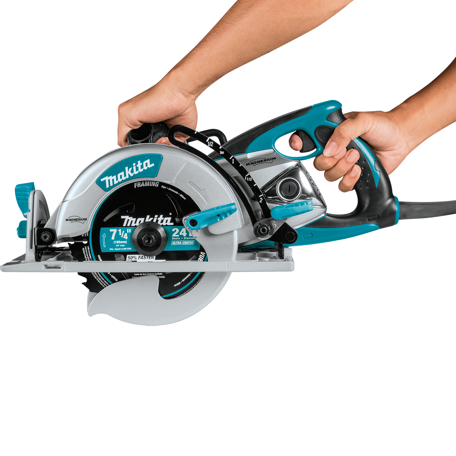 Worker holding Makita Hypoid Saw at job site
