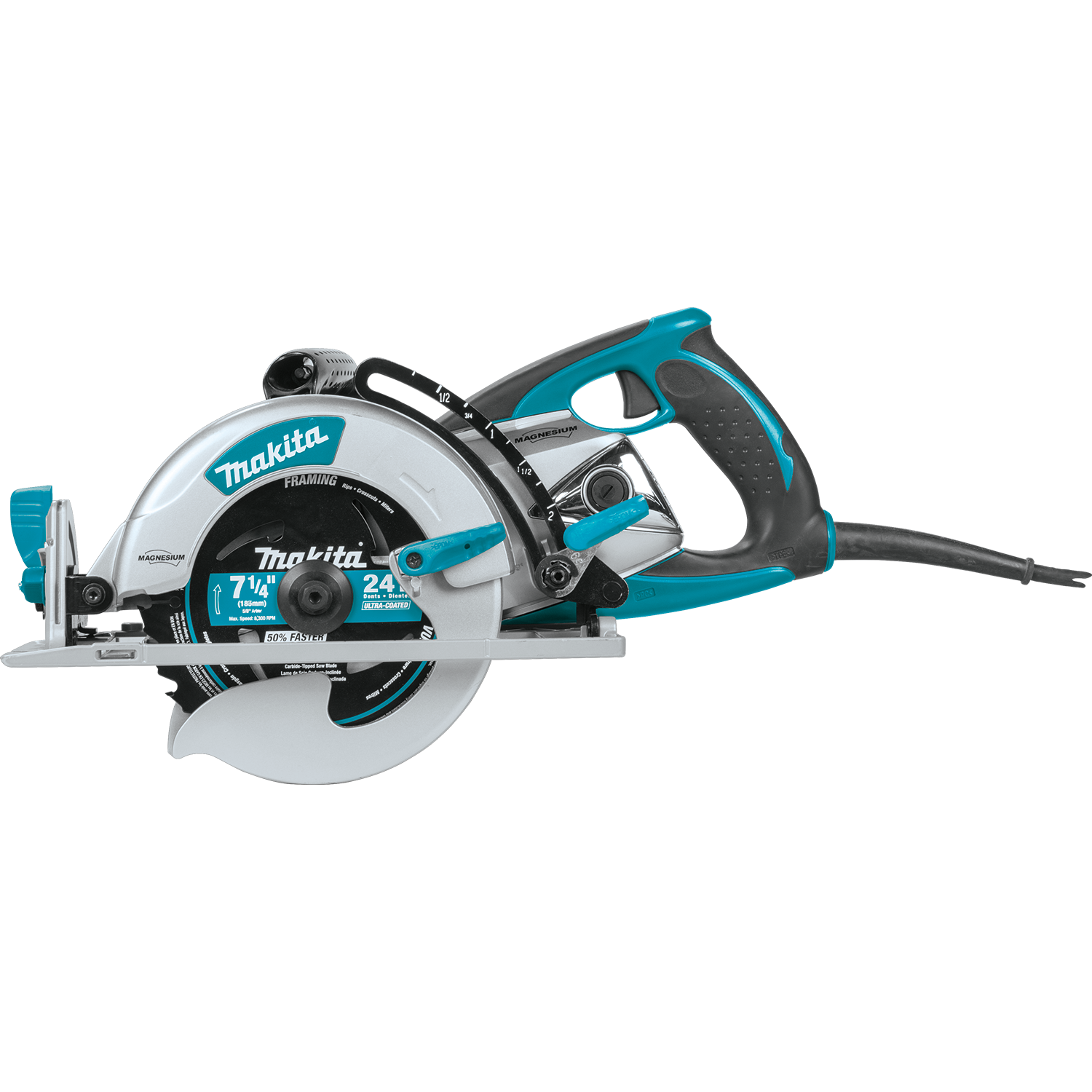 Side profile of Makita Hypoid Saw highlighting magnesium housing
