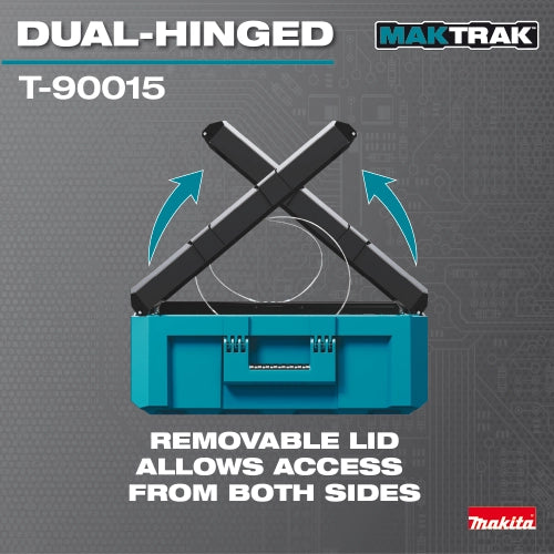 Dual-hinged lid design on MAKTRAK tool storage unit
