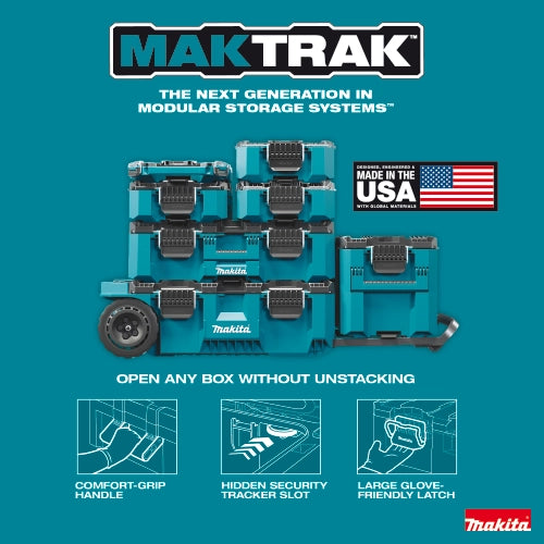 Multiple MAKTRAK boxes stacked securely at night
