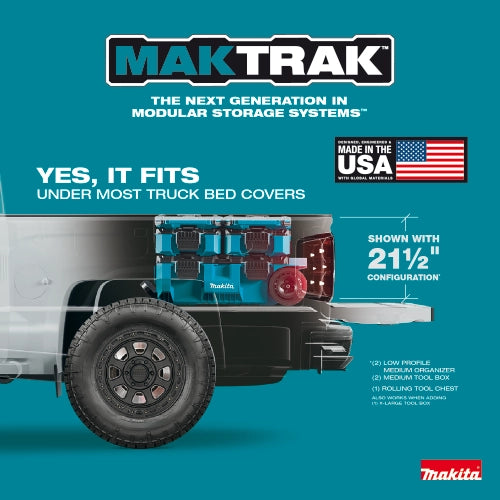 Label confirming MAKTRAK storage boxes fit in truck bed
