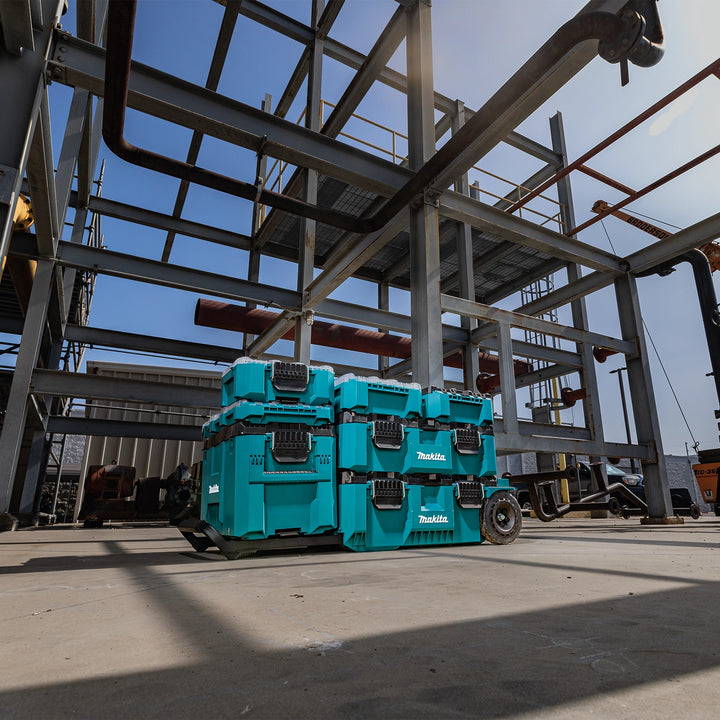 Multiple MAKTRAK organizers stacked and secured on jobsite

