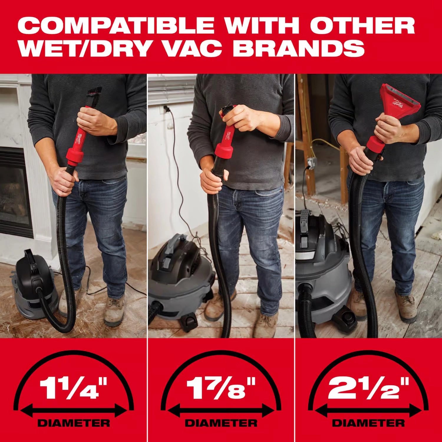 Milwaukee Air Tip Dust Collector adapter sizes shown for 1-1/4”, 1-7/8”, and 2-1/2” vacuum hoses
