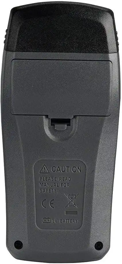 back view of digital moisture meter showing battery compartment and caution label

