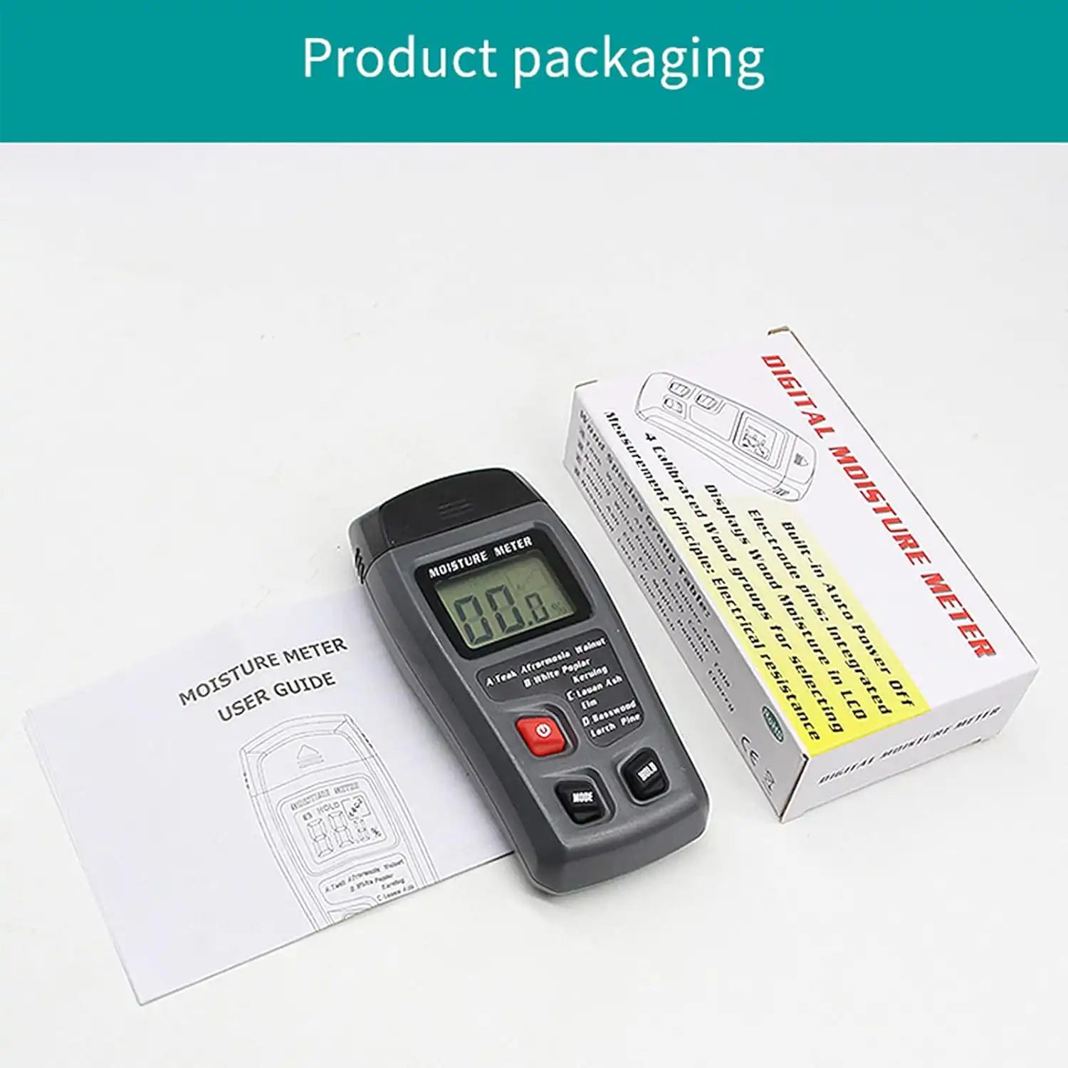 digital moisture meter with packaging box and user guide included
