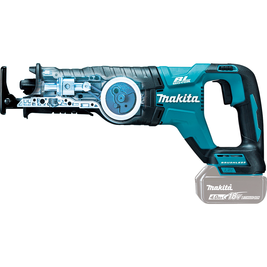 internal motor view of makita 18v lxt reciprocating saw showing brushless design
