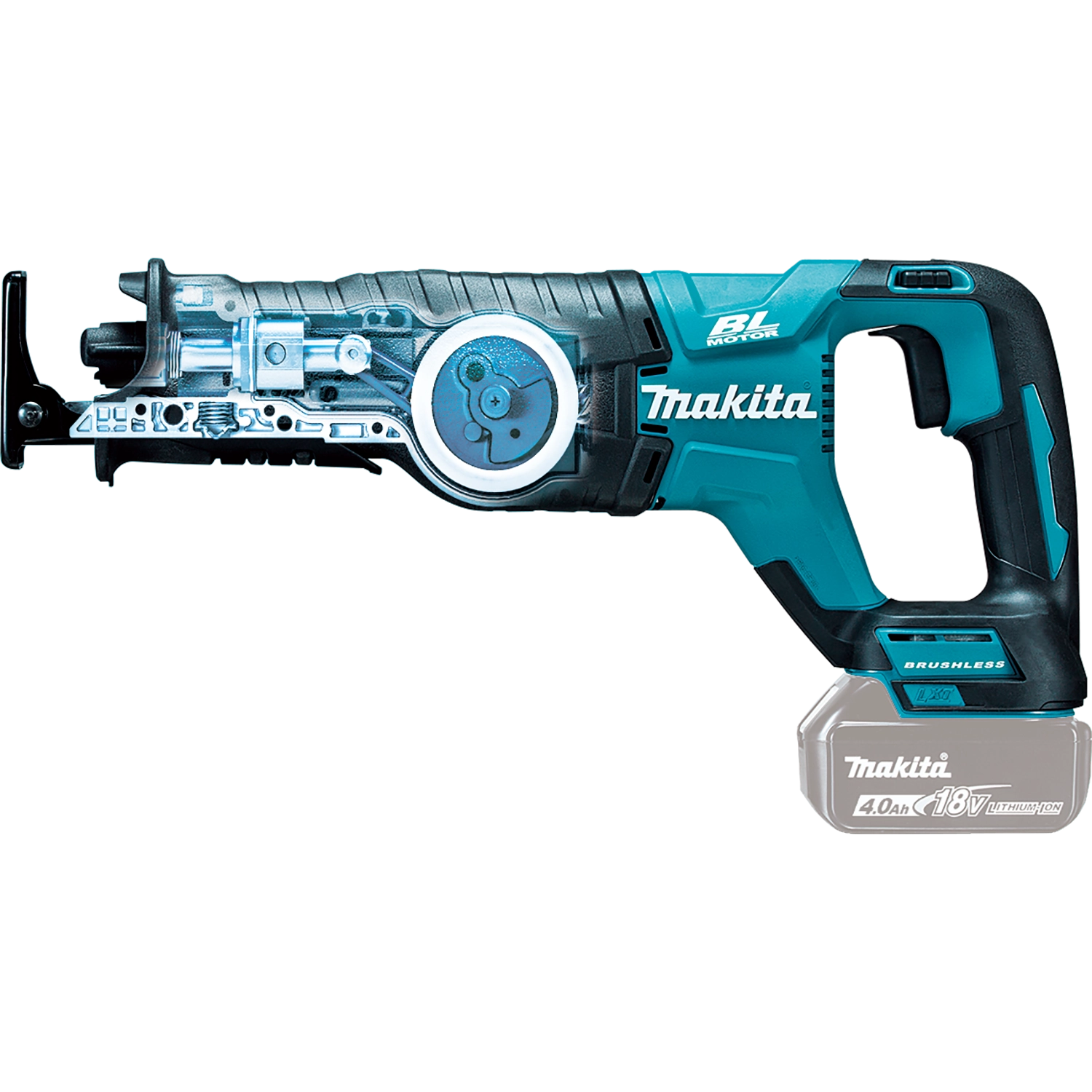 internal motor view of makita 18v lxt reciprocating saw showing brushless design
