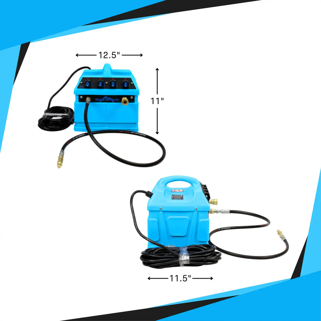 Mytee 240-120 Hot Turbo heater with labeled dimensions: 12.5" wide, 11" tall, and 11.5" deep.