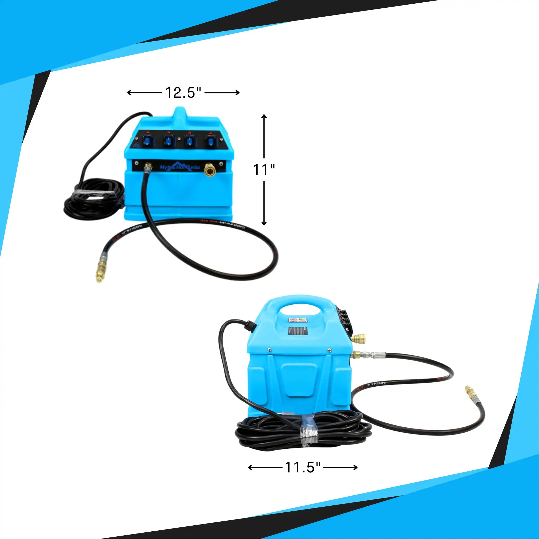 Mytee 240-120 Hot Turbo heater with labeled dimensions: 12.5" wide, 11" tall, and 11.5" deep.