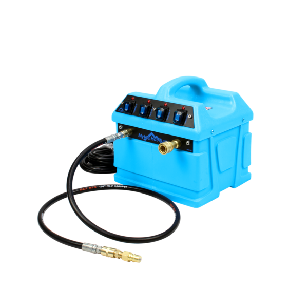 Mytee 240-120 Hot Turbo heater front-left angled view showing hose, control switches, and durable casing.