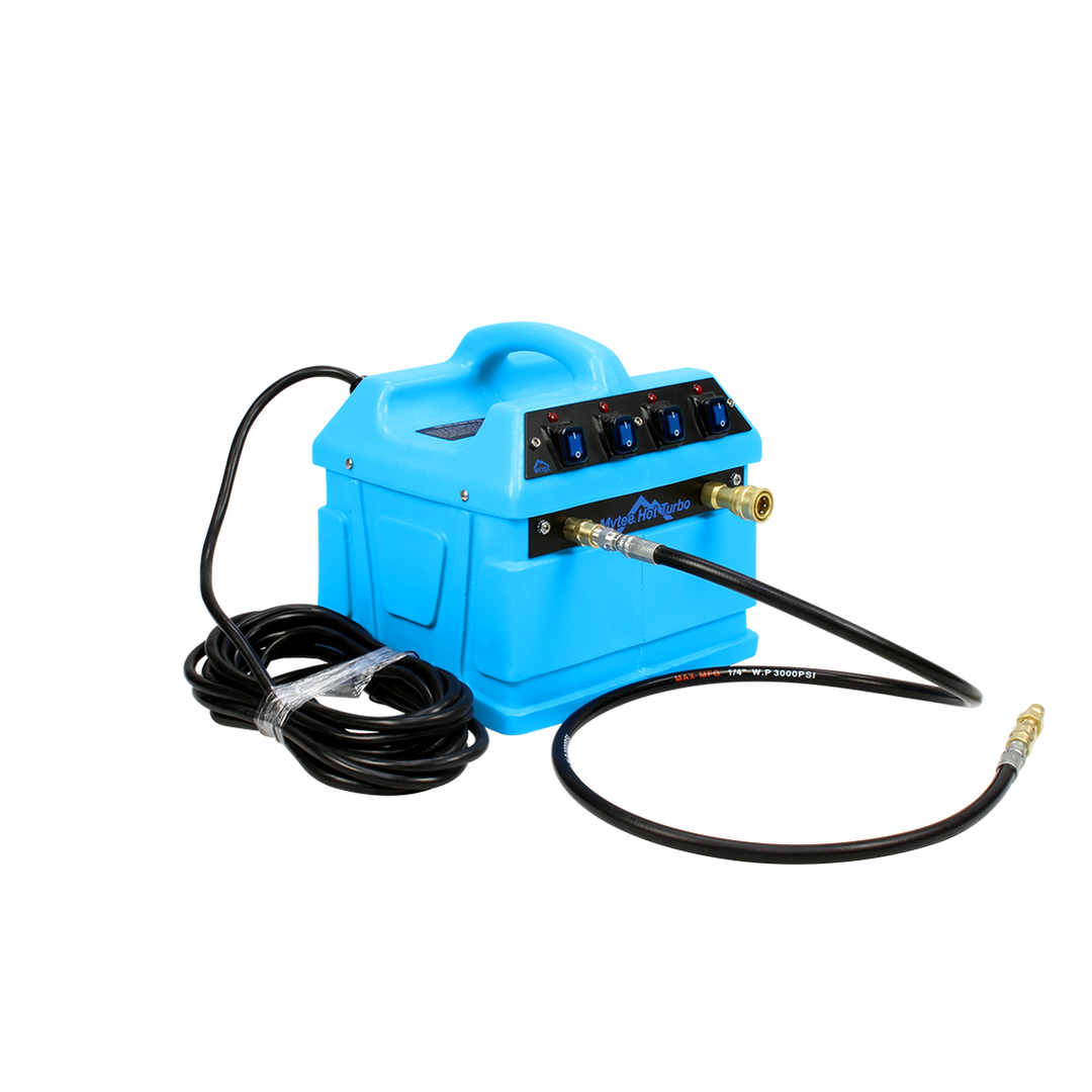 Mytee 240-120 Hot Turbo inline heater front angle showing control switches, power cord, and water hose connection.