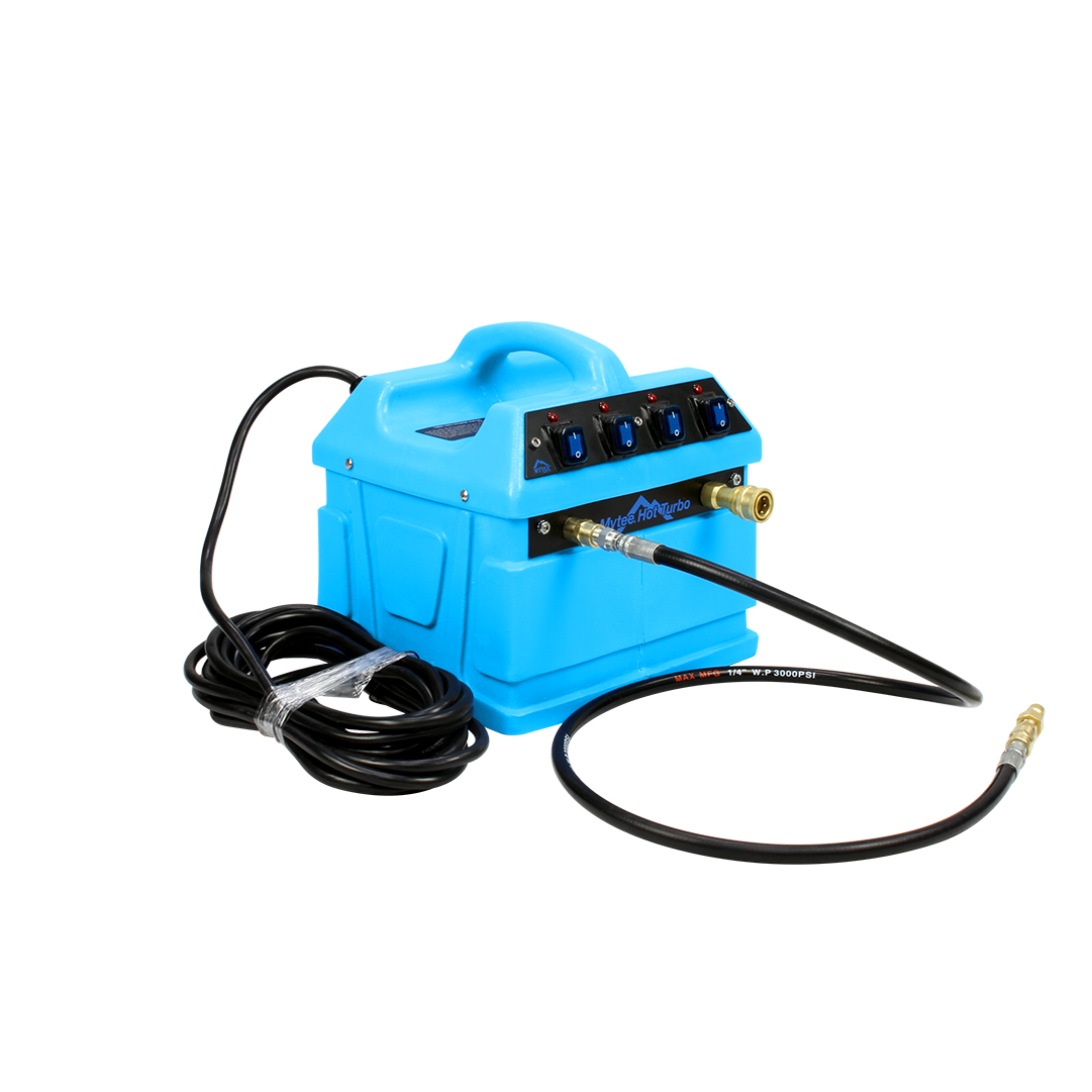 Mytee 240-120 Hot Turbo inline heater front angle showing control switches, power cord, and water hose connection.