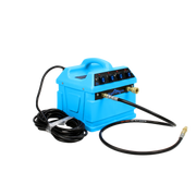 Mytee 240-120 Hot Turbo inline heater front angle showing control switches, power cord, and water hose connection.