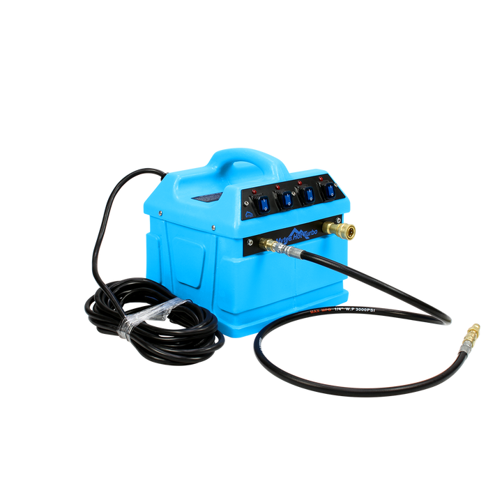 Mytee 240-120 Hot Turbo inline heater front angle showing control switches, power cord, and water hose connection.