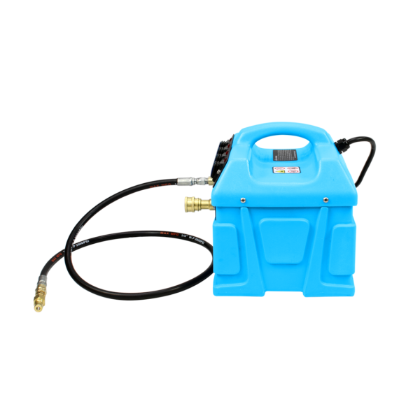 Side view of Mytee 240-120 Hot Turbo inline heater showing housing design and hose connections.







