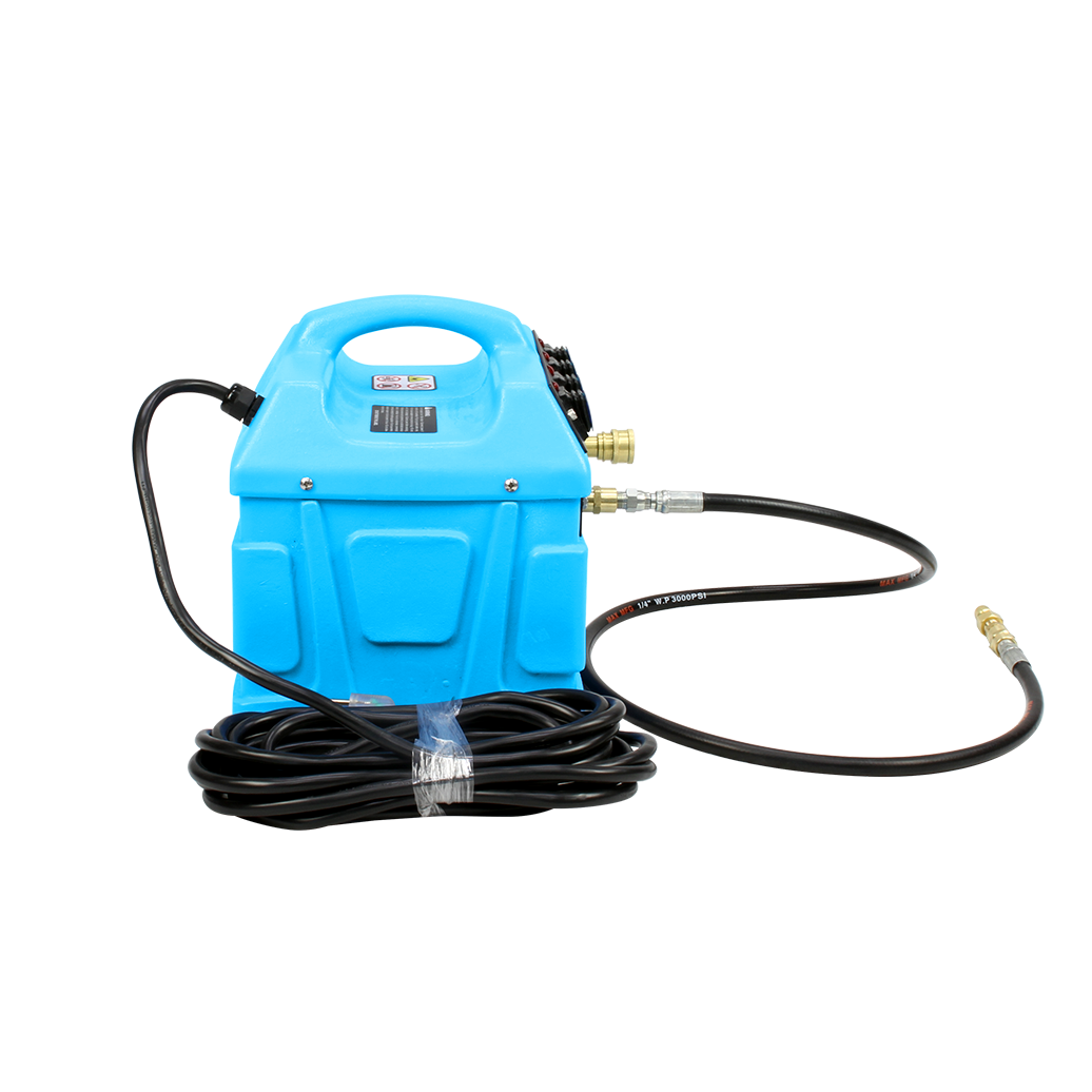 Side-right view of the Mytee 240-120 Hot Turbo inline heater showing hose connections and compact design.







