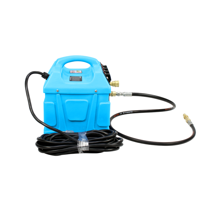 Side-right view of the Mytee 240-120 Hot Turbo inline heater showing hose connections and compact design.







