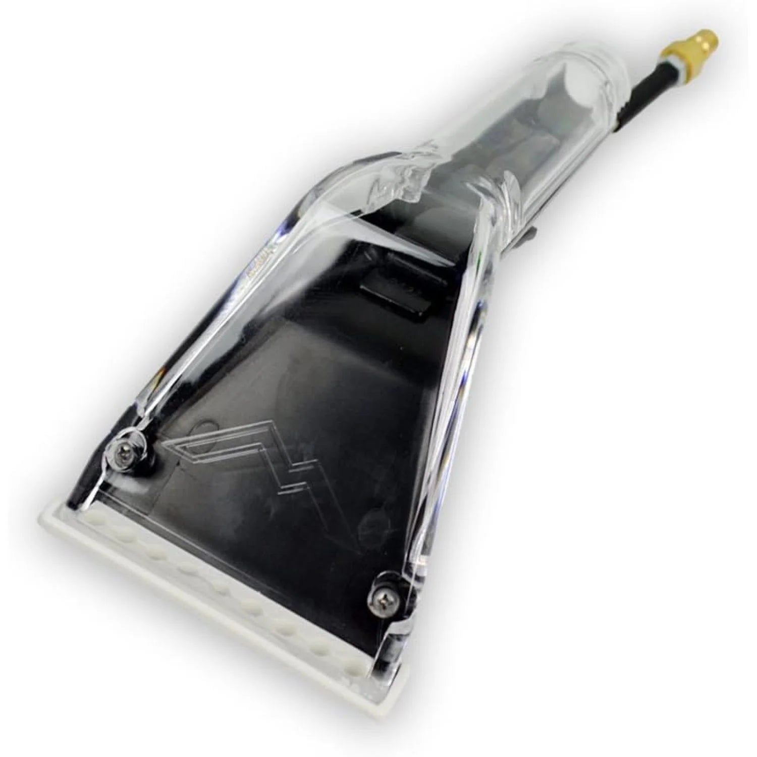 Angled view of the Mytee 8400P Upholstery Tool showing its clear plastic head and brass connector