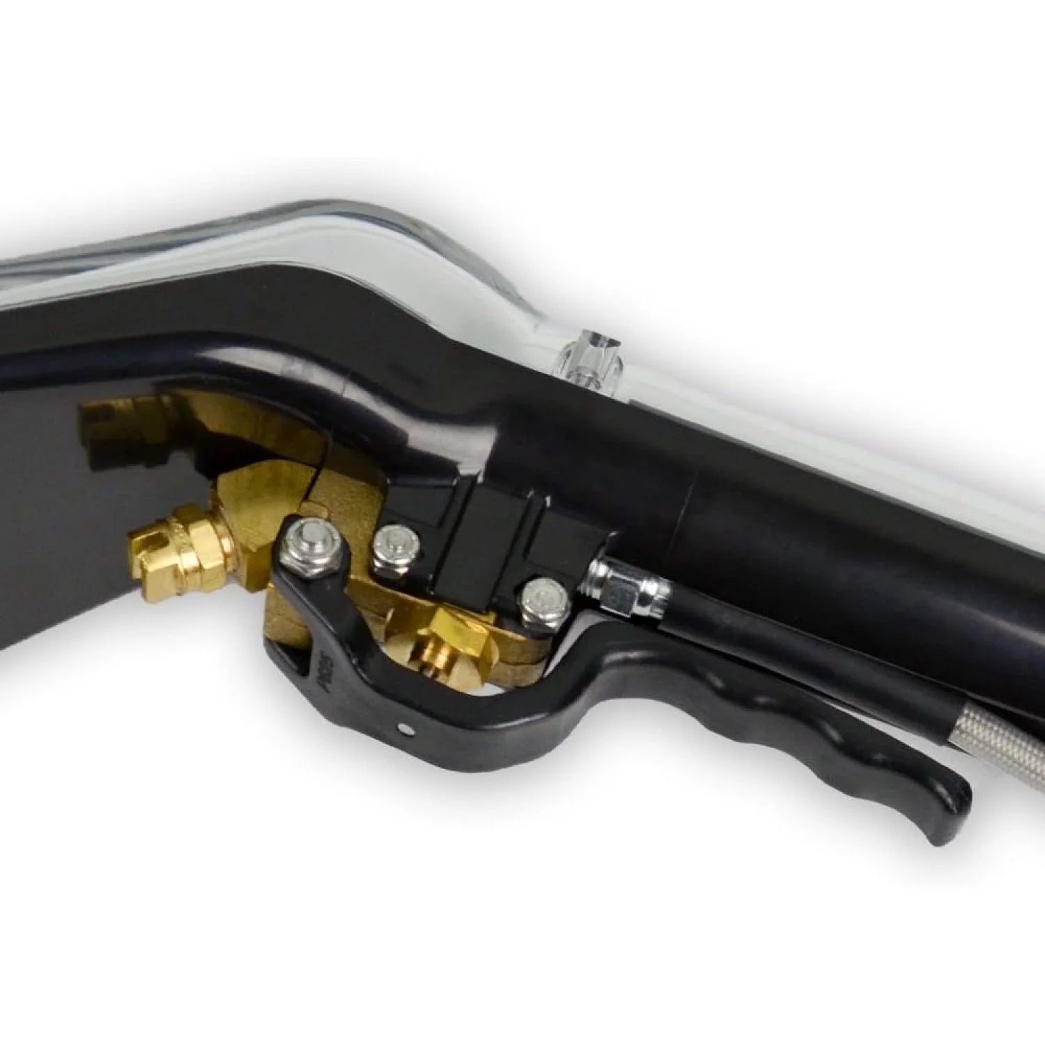 Close-up of the Mytee 8400P Upholstery Tool handle and brass spray valve assembly
