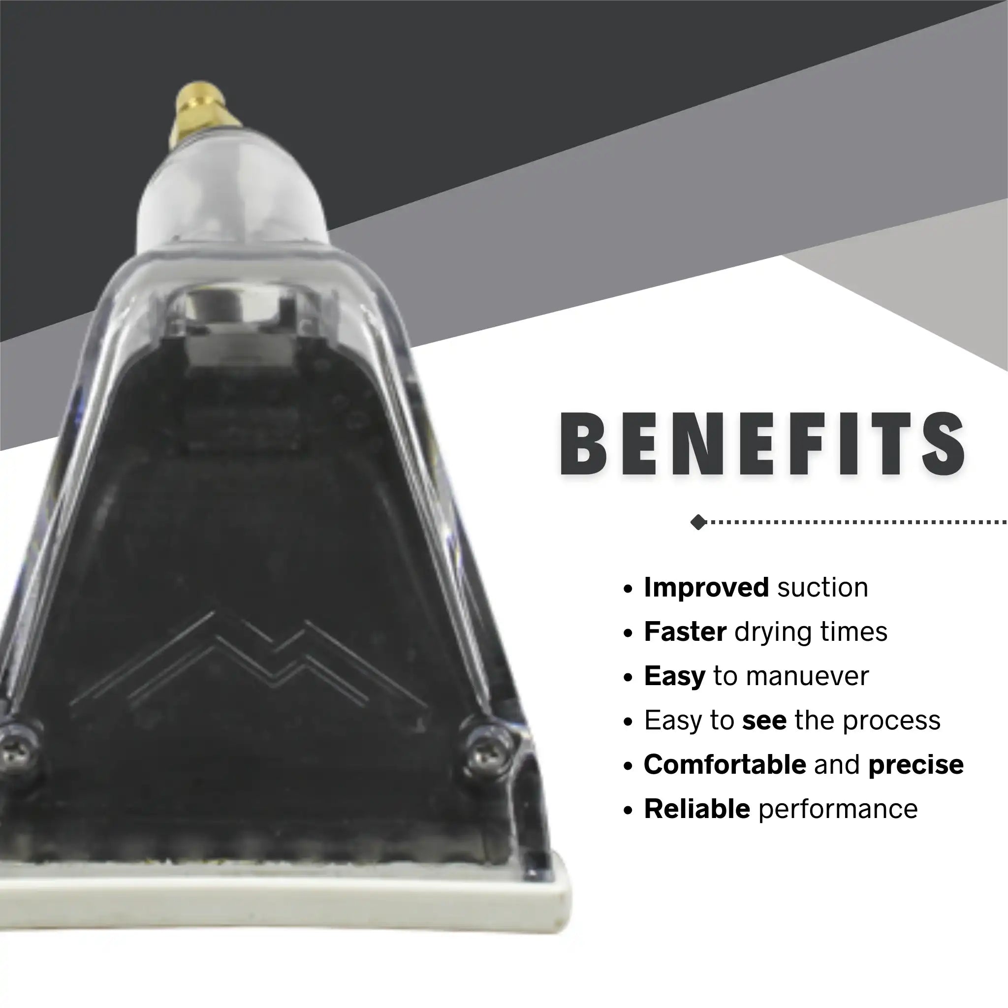 Front nozzle view of the Mytee 8400P Upholstery Tool with callouts highlighting suction, drying speed, and ergonomic comfort benefits