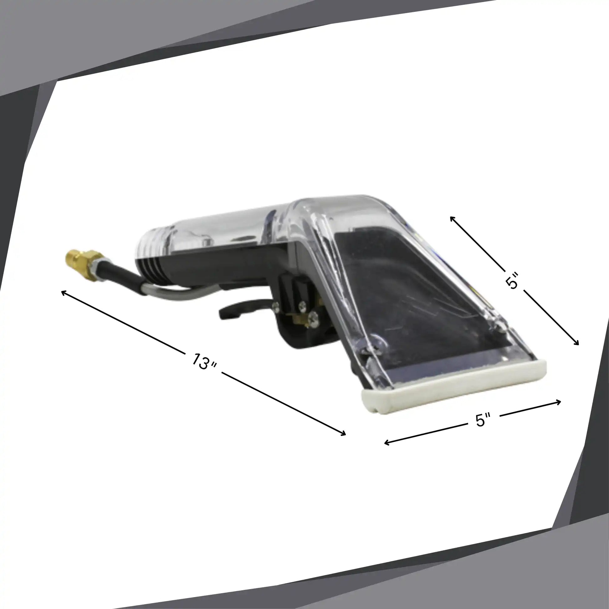 Mytee 8400P Upholstery Tool with labeled dimensions: 13 inches long, 5-inch wide head, 5-inch tall profile