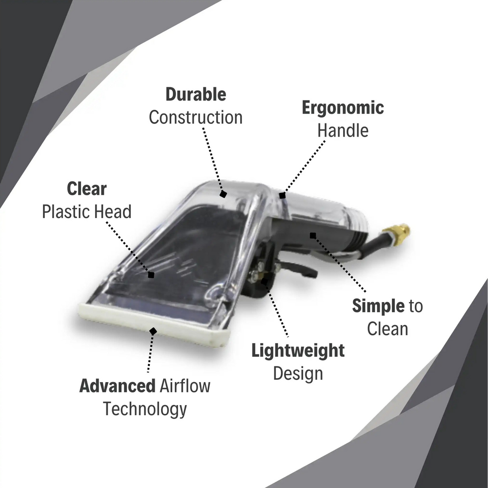 Labeled diagram of the Mytee 8400P Air Lite Upholstery Tool highlighting features like clear plastic head, durable construction, ergonomic handle, and lightweight design