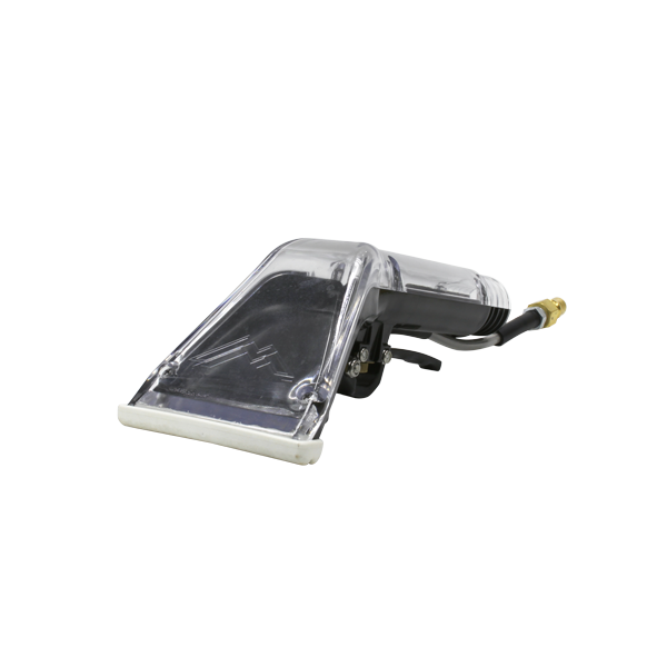 Front left view of the Mytee 8400P Air Lite Upholstery Tool with clear head and ergonomic handle for detailed fabric cleaning