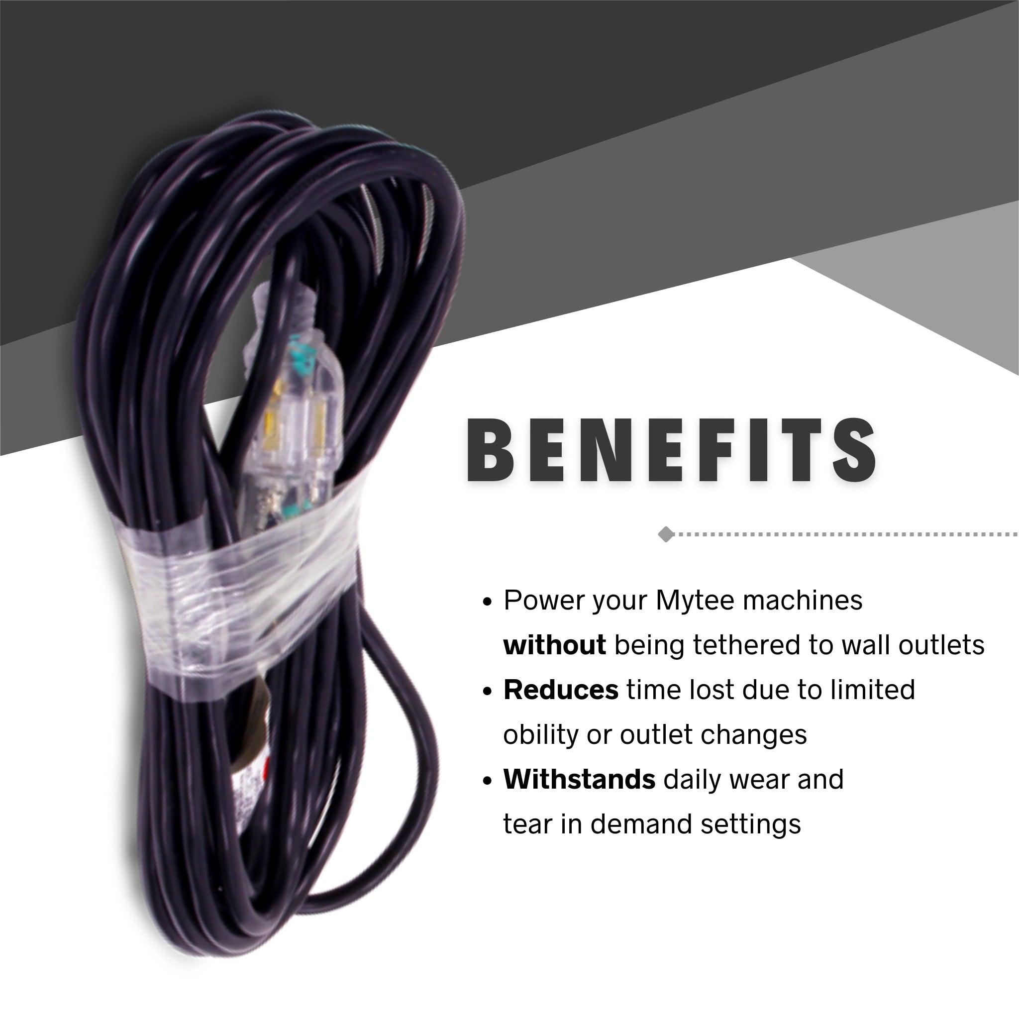 Mytee extension cord displayed with key usage benefits like reach and durability
