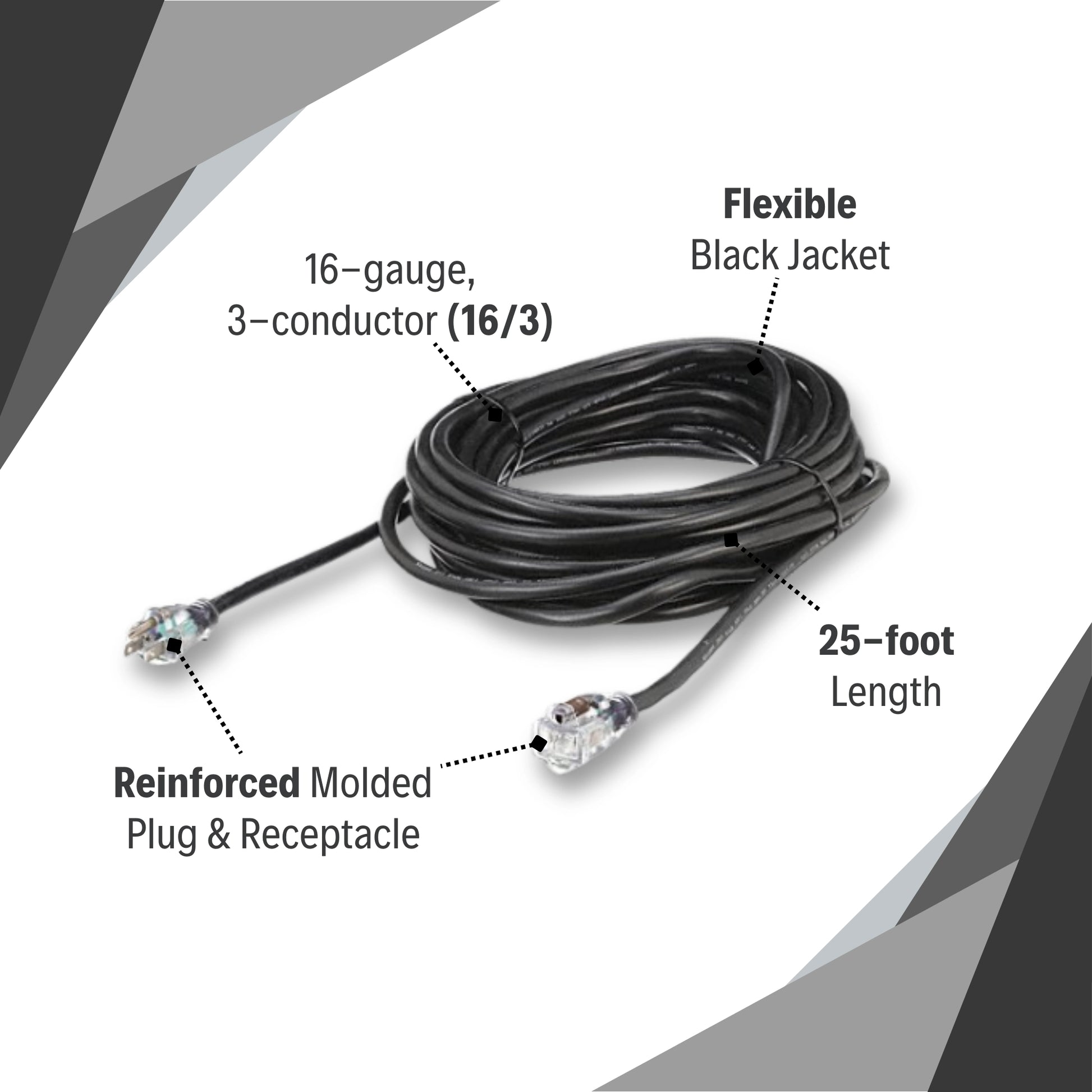 Close-up view of Mytee 25-foot extension cord highlighting durable plug and flexible jacket
