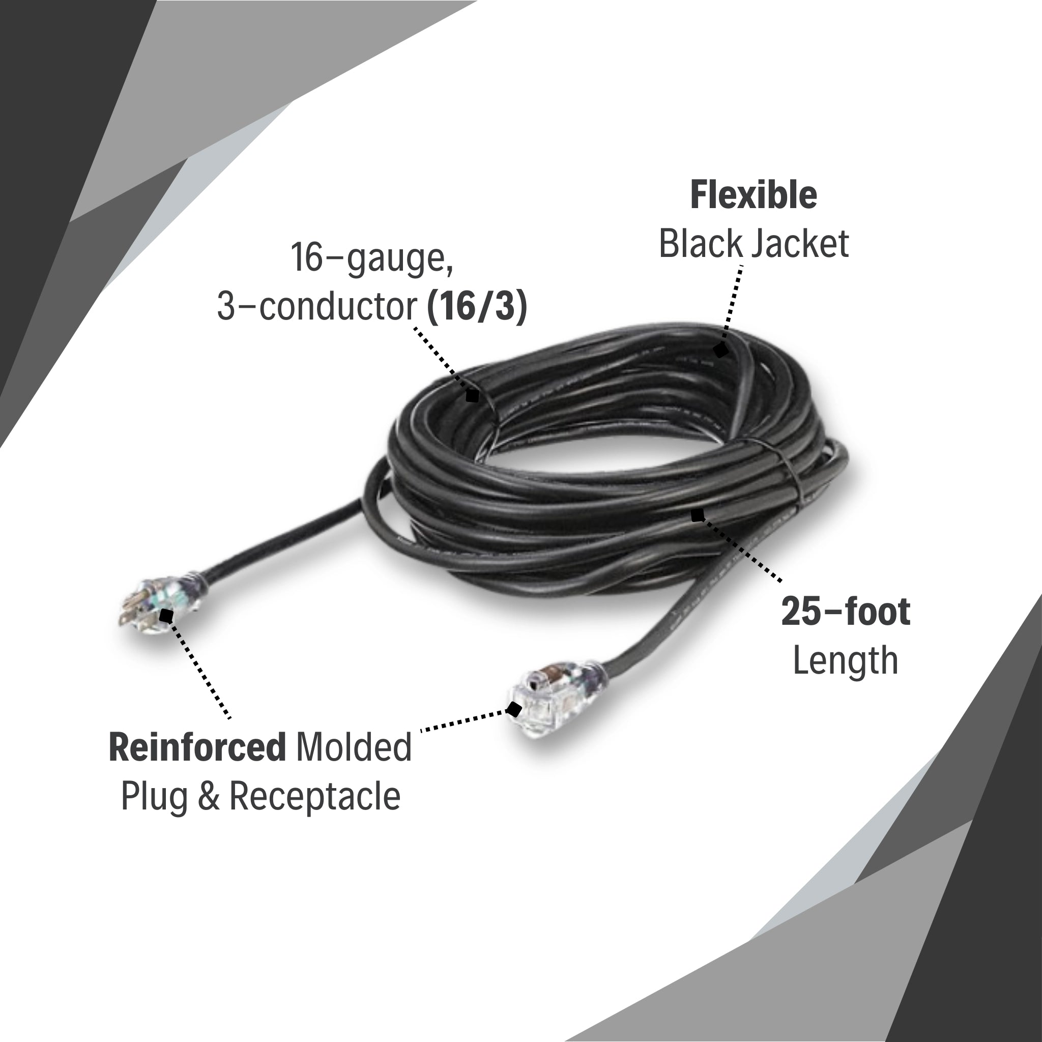Close-up view of Mytee 25-foot extension cord highlighting durable plug and flexible jacket
