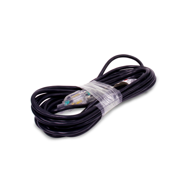 Mytee 25' extension cord tightly wrapped and secured for transport or storage
