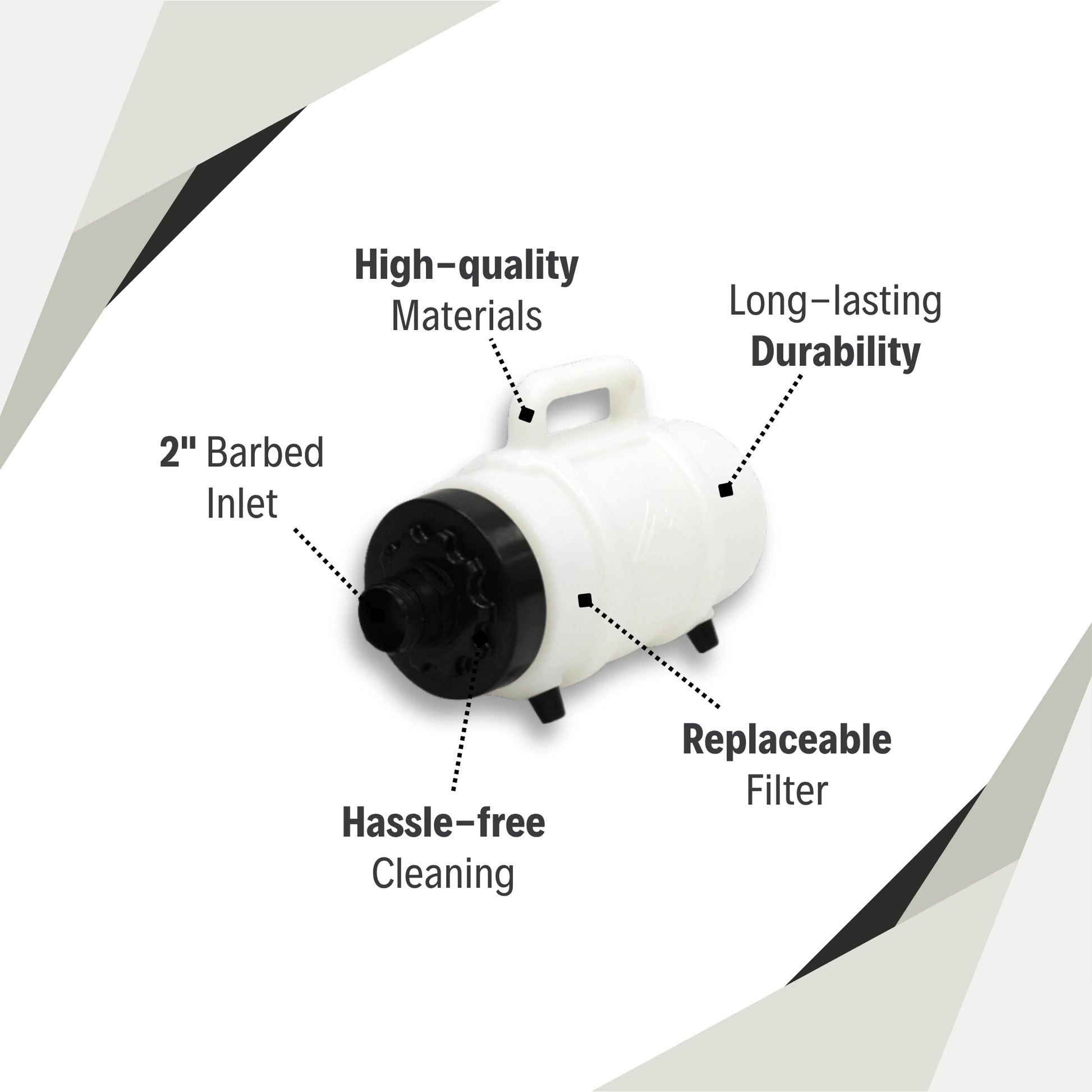 Mytee F200B Lint Hog features including transparent body, barbed inlet, and heavy-duty filter system
