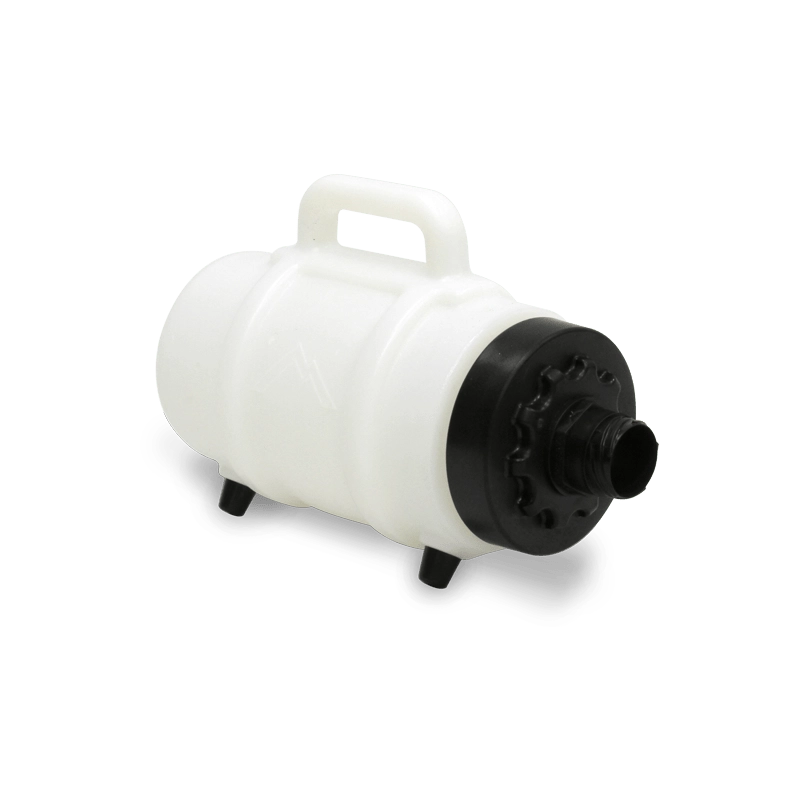 Right angle view of Mytee F200B Lint Hog highlighting outlet fitting and filter assembly

