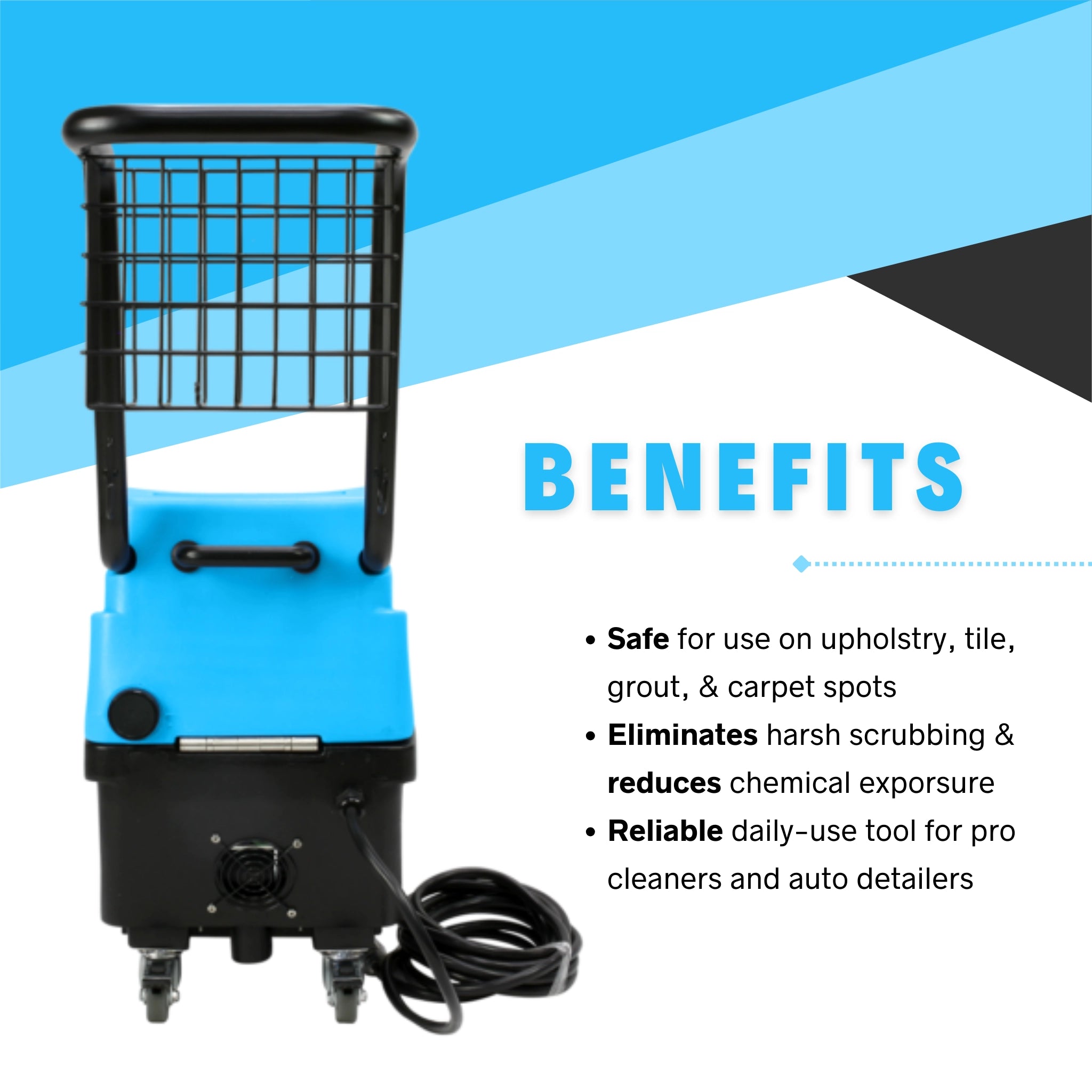 Visual summary of Mytee Focus Steamer benefits including steam sanitization and mobility
