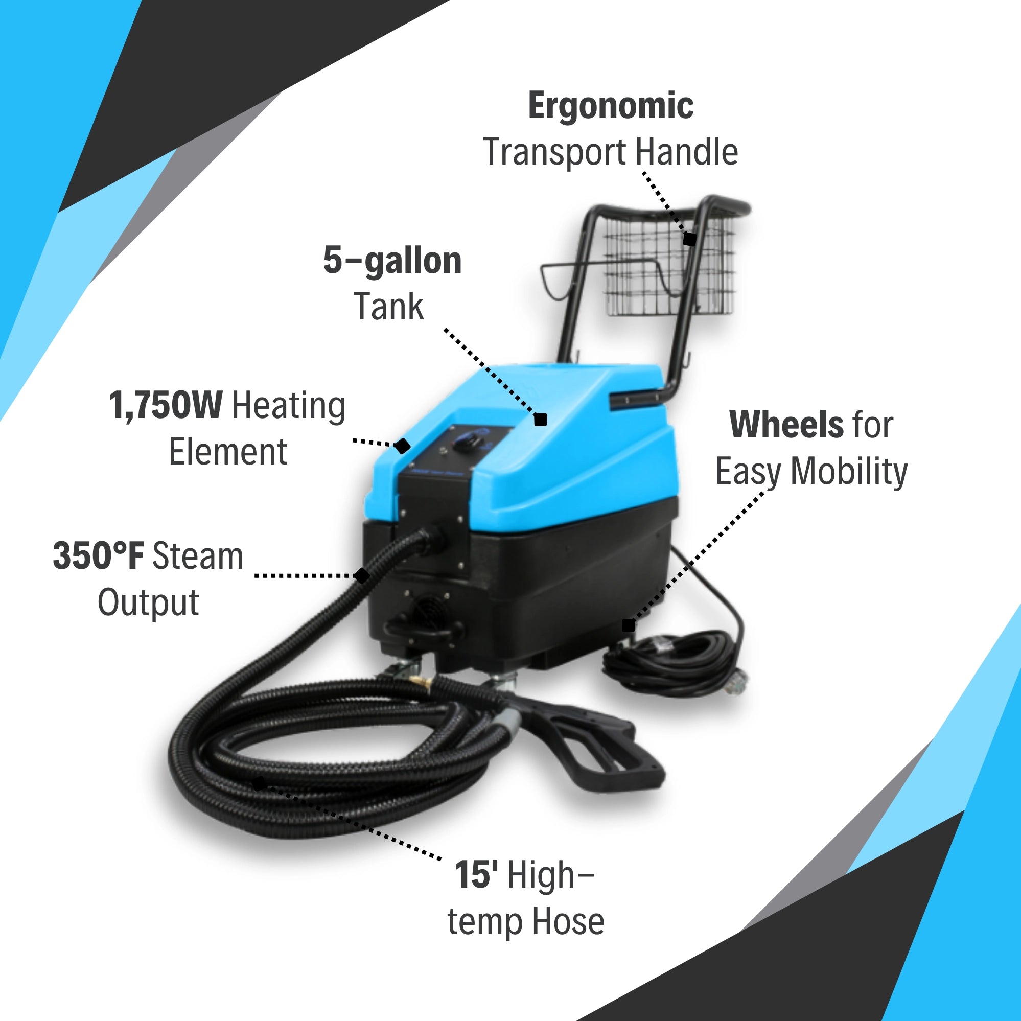 Key features of the Mytee Focus Vapor Steamer displayed with labeled components
